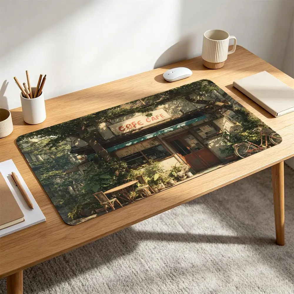 Vintage Cozy Cafe Large Desk Mat Retro Japanese Coffee Shop Plants Bike Non-Slip Gaming Pad for Office Esports Card Game Gift