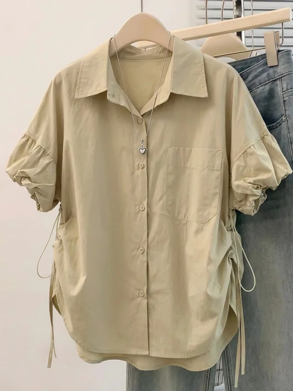 

Khaki V-neck Short-sleeved Drawstring Slimming Women's Shirt Korean Style Commute Wind Loose Fit Summer New Arrival