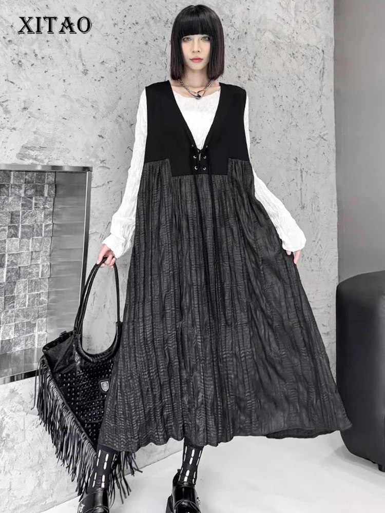 

XITAO Solid Color Casual V-neck Sleeveless Dress New Fashion Spring Patchwork Loose Fitting Female Mid Calf Dress GMM1070