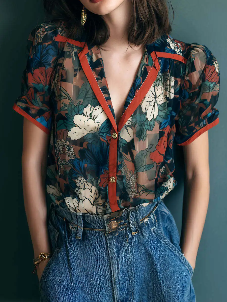 

Vintage Floral Printing Shirt Tops Polo Neck Short Sleeve Loose High Street Thin Blouse Summer New Fashion Casual Women Clothing