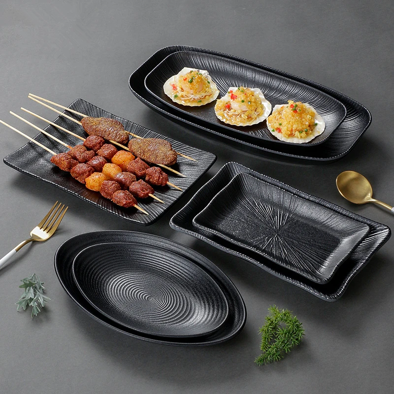 

Wave Black Melamine Steak Plates Barbecue Trays for Meal Vegetables Fruit Western Dinner Dishes Beautiful Tableware Decoration