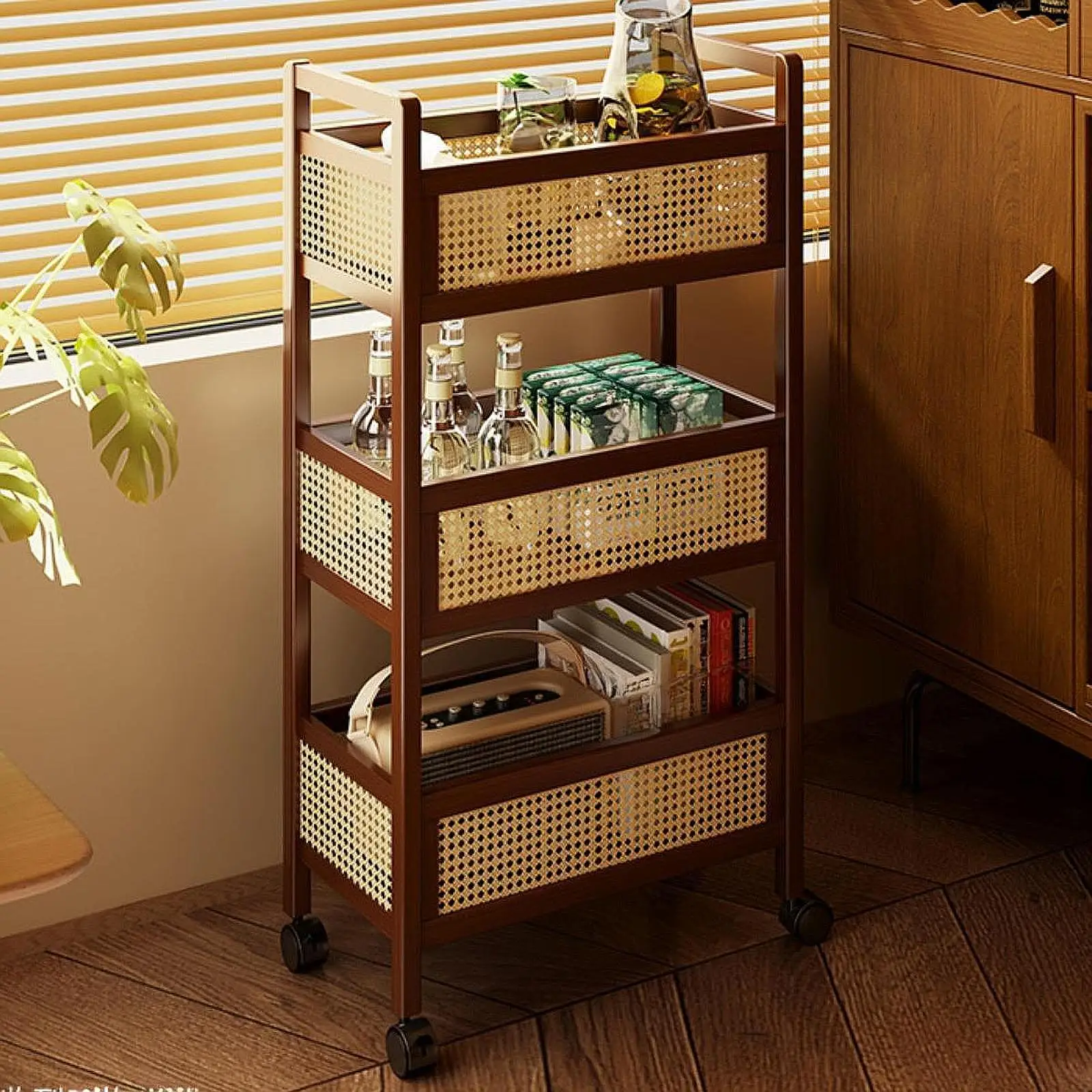3 Tier Rolling Wood Cart Storage Organizer Movable Floor-Standing Multi-Tiered Snack Cart Storage Rack For Bedroom Multifunction