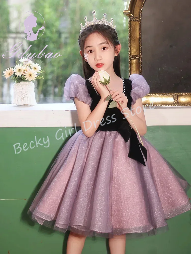 فساتين فتاة الزهور الفاخرة المخصصة لحفلات الزفاف اللامعة مع فيونكة بطول الركبة وحفلات الأميرة الرسمية والولائم