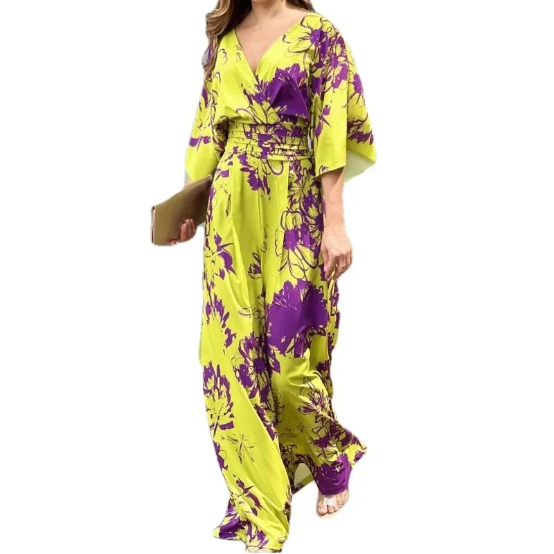 Jumpsuit wanita pinggang tinggi, Jumpsuit longgar lengan kelelawar motif elegan mode Musim Panas 2024