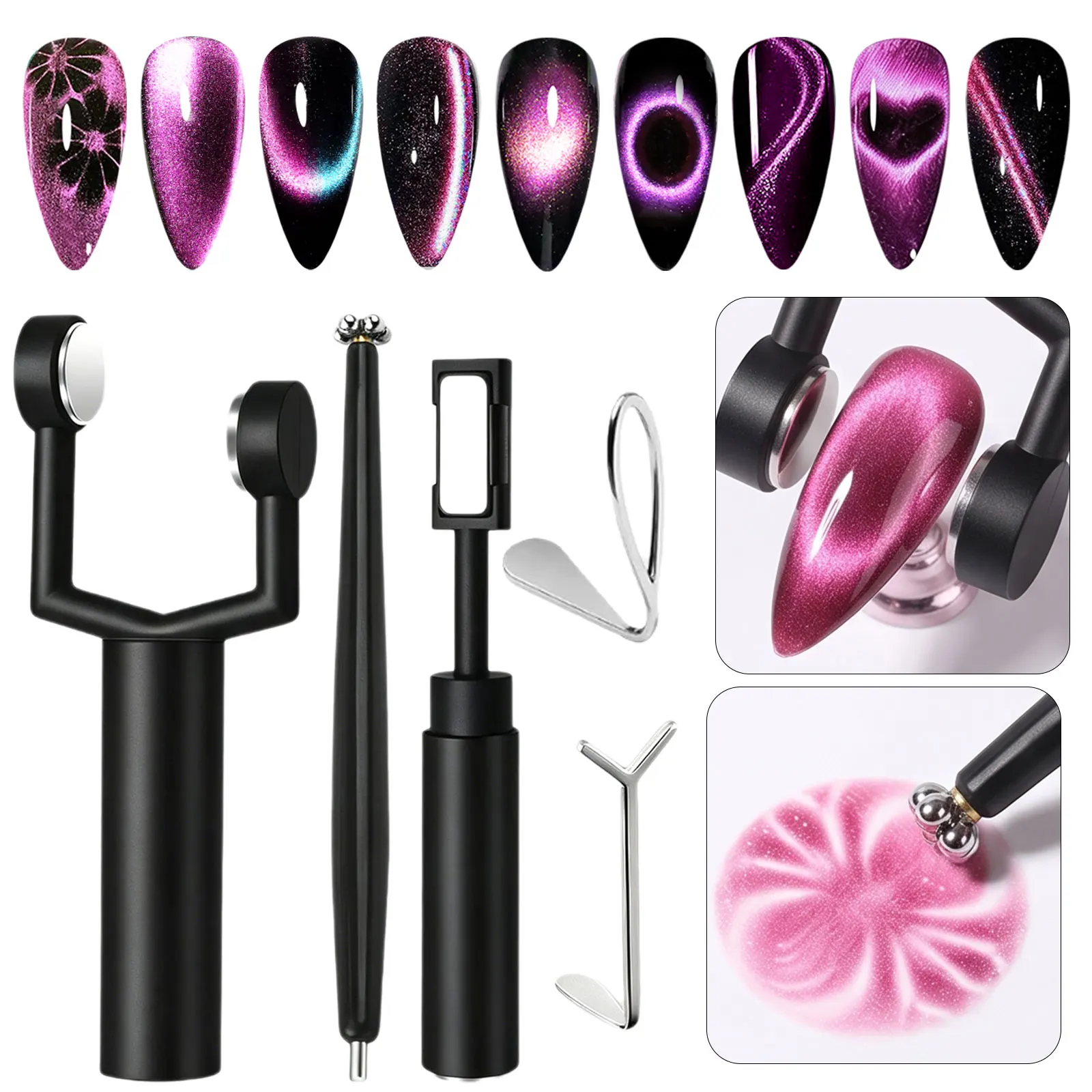 4pcs Nail Art Magnet Set,Detachable Y-Shaped Magnetic Pen, Dual-Ended Cat Eye Magnetic for Nail Polish Manicure Magnetic Tools