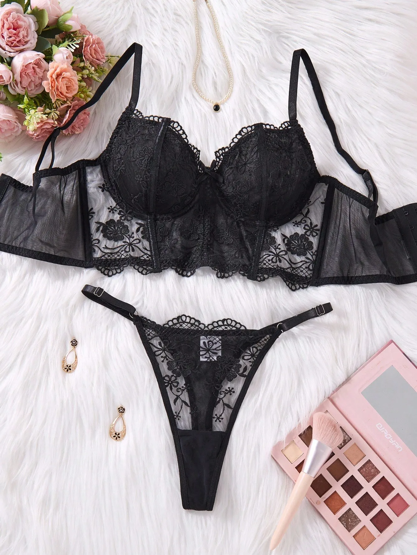 Black Lace Three-Piece Lingerie Set With Sheer Floral Details - Image 6