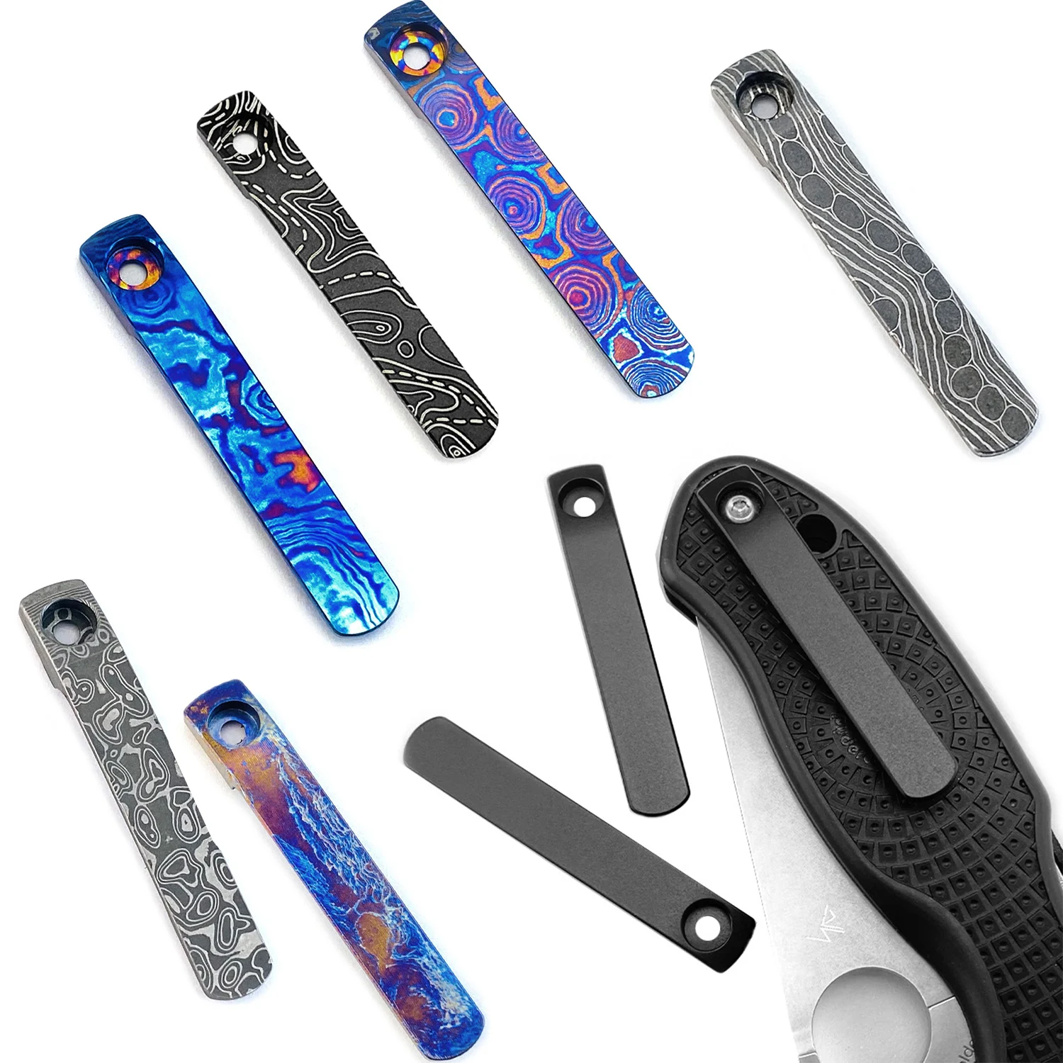 1pc Timascus Material Cuchillo Damasco Titanio Clip de bolsillo de una sola pieza para Spyderco Para3 Ligero Sire Watu Libélula Autonomy1