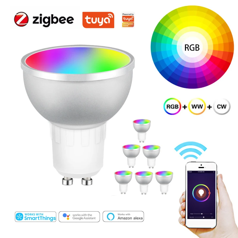 

Tuya Zigbee 3.0 Gu10 Smart Light Bulbs 5W RGBCW AC85-265V Dimmable LED Lamp Bulbs Timier With Alexa Echo Google Home Smarthings