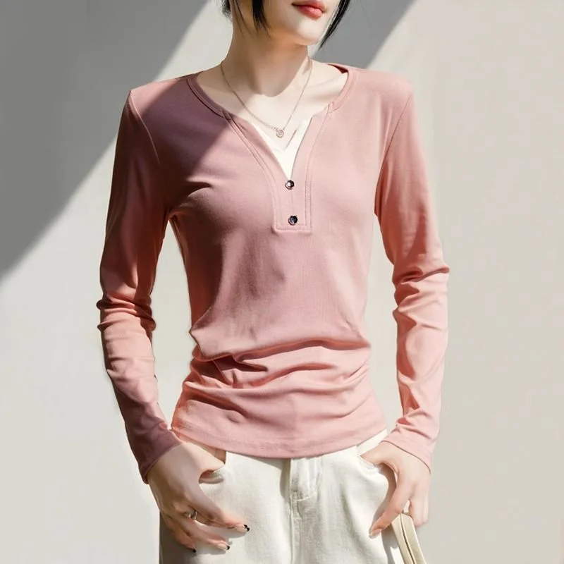 

Color Block Fake Two Piece V-Neck Long Sleeve T-Shirt Women Spring Autumn New Design Buttoned Slim Fit Base Shirt