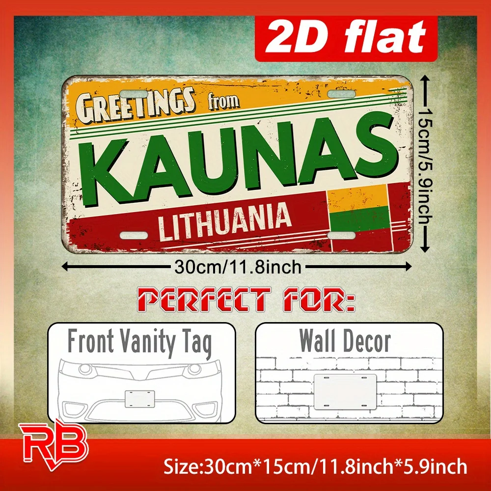 2D Flat - [Enable ] 2D Flat 2D Flat Retro Lithuanian Metal Wall Sign - Greetings from Kaunas, UV Printed Decorative Panel, Suita