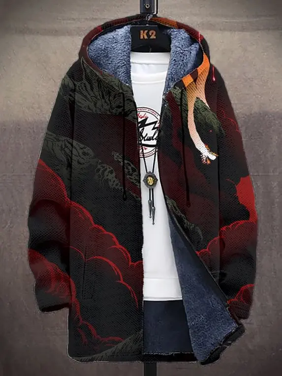 Men's Sun And Moon Yin Yang Tree Of Life Print Fleece Lined Hooded Trench Coat Men's Thick Warm Jacket view 2