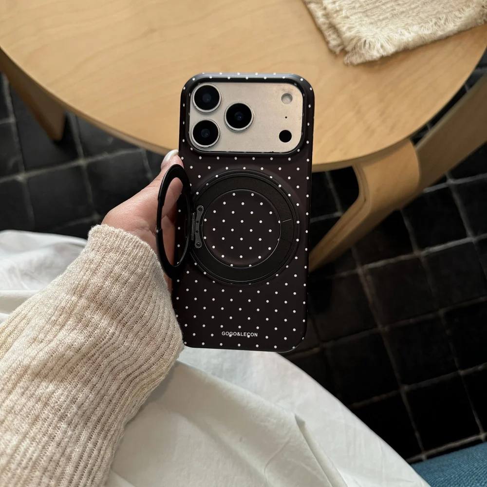 Black White Polka Dot Rotatable For MagSafe Stand Phone Case For iPhone 15 16 17 Pro Max Dot Shockproof Protective Cover
