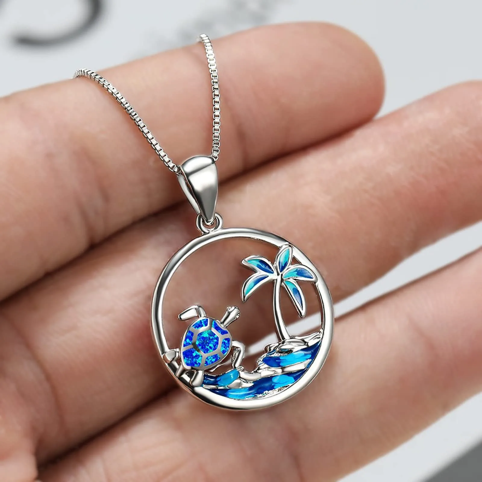 Boho Vintage Beach Wave Sea Turtle Pendant Necklace for Women Girl Fashion Imitation Blue Opal Necklace Wedding Jewelry