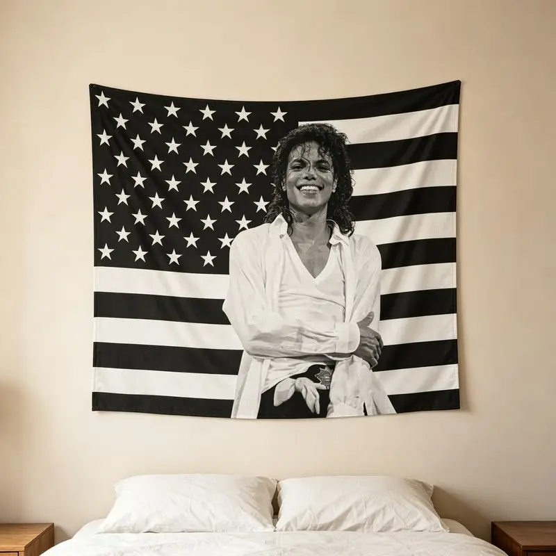 VIKAMA Michael Jackson Wandteppich mit amerikanischer Flagge, Polyester-Wandbehang für Schlafzimmer, Wohnheim, Musikzimmer, Retro-Pop-Star-Heimdekoration – Detail 4