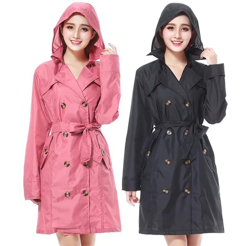 2021 Women Raincoat Slim Double-breasted Poncho Trench Coat Waterproof Transition Outdoor Hiking Clothes Lightweight Raincoat