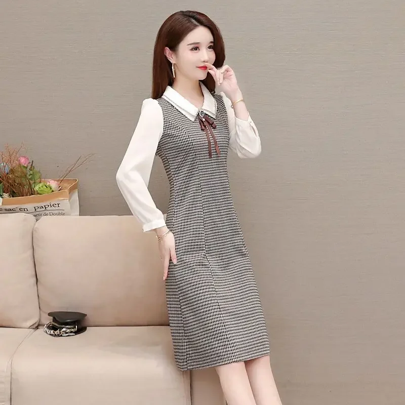 

Women's Long Sleeve Dresses Retro Midi Plaid Splicing Female Dress Elegant and Pretty Spring Autumn 2025 Aesthetic Harajuku Full