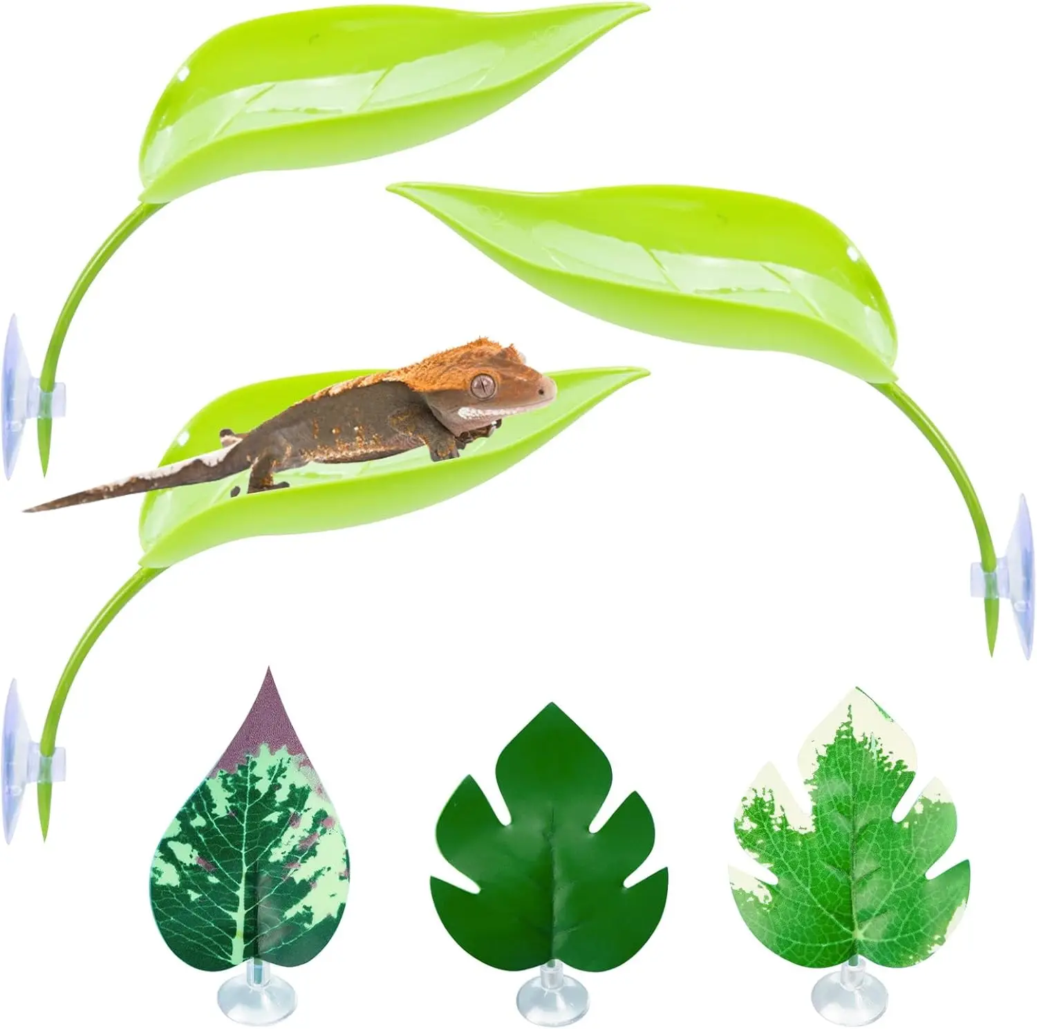 

Crested Gecko Tank Accessories 3 Pcs Plastic Leaf Decorations with Suction Cup Gecko Climbing Toy Frog Habitat Platform R