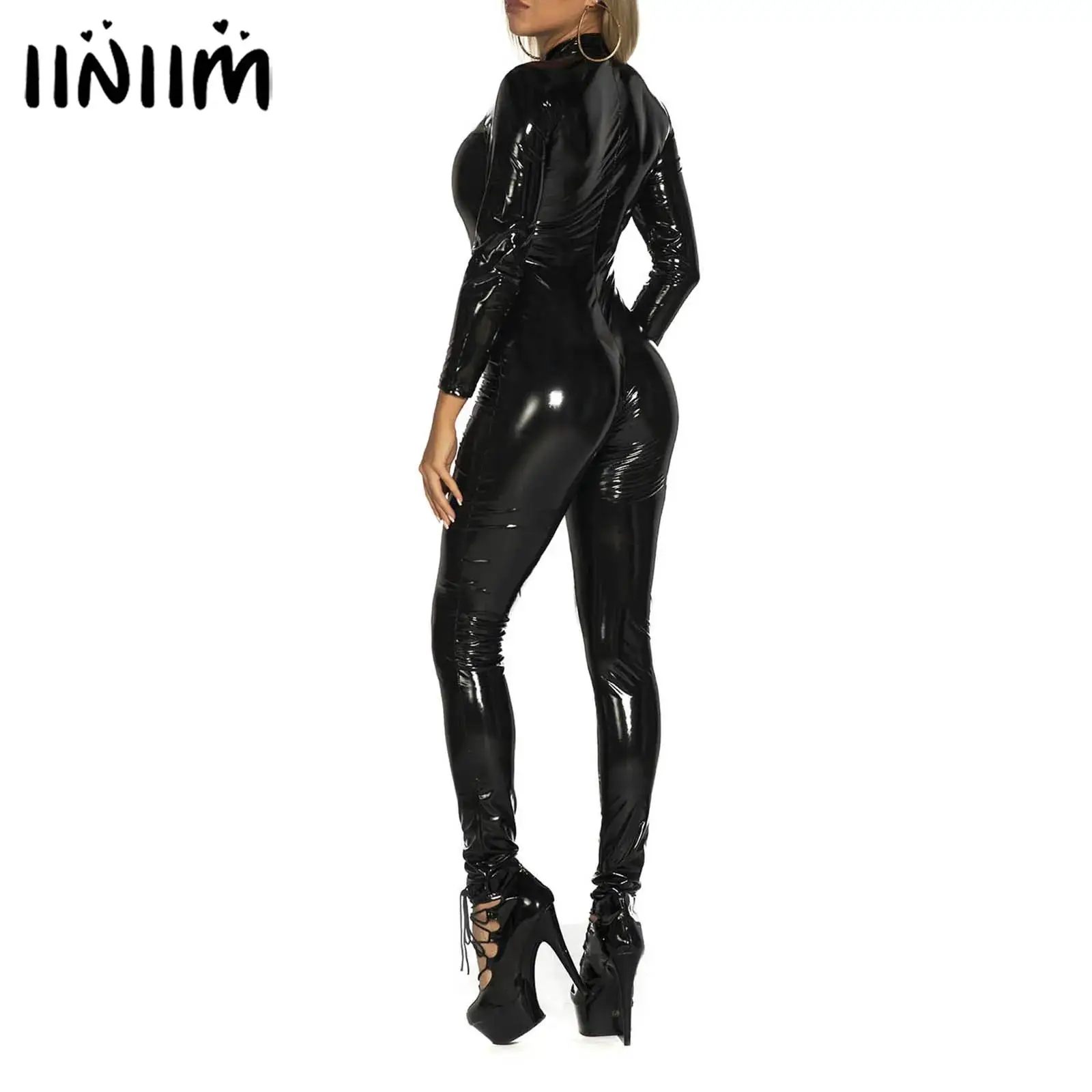 

Womens Latex Overall Jumpsuit Shiny Patent Leather Leotard Bodysuit Back Zipper Tight Jumpsuit Wet Look Club Rave Party Outfit