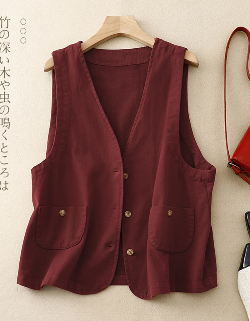 ฤดูใบไม้ผลิฤดูใบไม้ร่วงผู้หญิง Vintage Cotton Cargo Vest V คอปุ่มเสื้อแขนกุดเสื้อกาแฟสีดําสีแดงสีเหลืองเสื้อสเวตเตอร์ถักเสื้อกั๊ก
