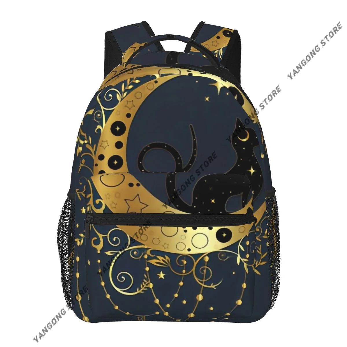 Mystical Black Cat Celestial Crescent Moon Triple Backpack For Student School Bags Unisex Laptop backpack Travel Shoulder Bag
