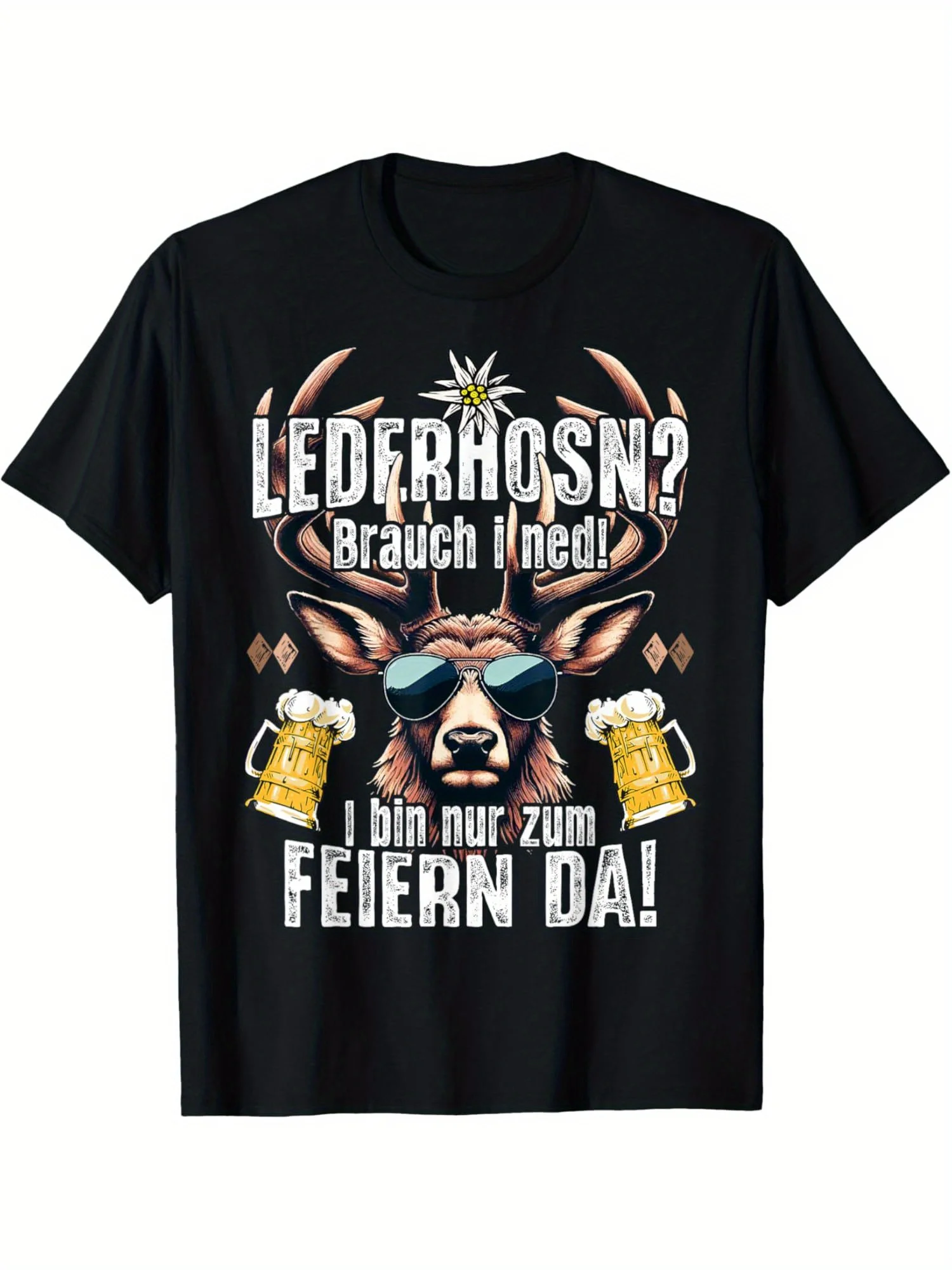 Men's Oktoberfest Shirt - Fun Bavarian Beer Party T-Shirt with Deer Pattern and German Text Black Short Sleeve Summer