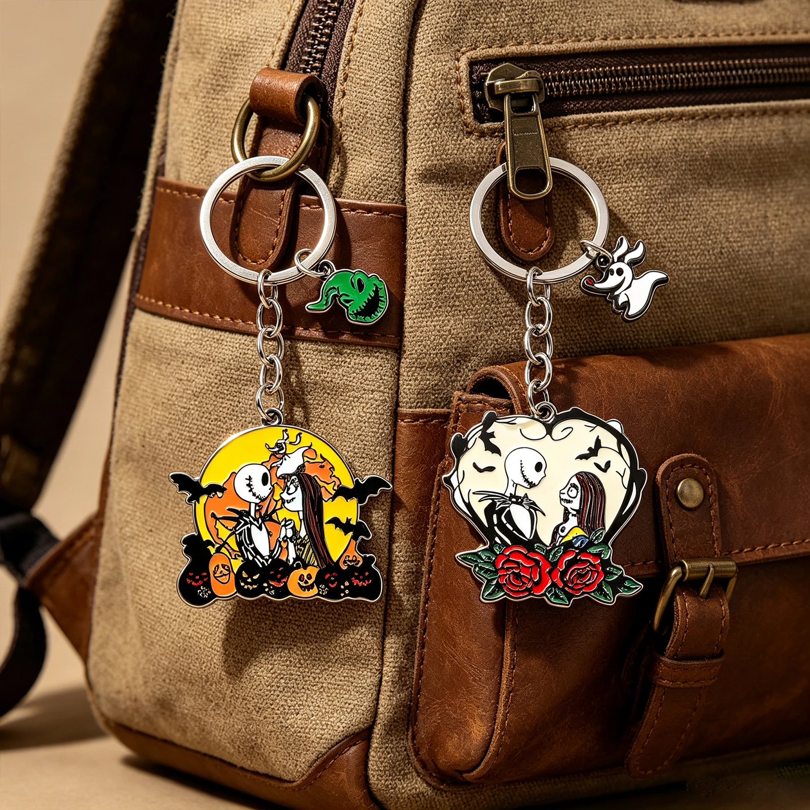 The Nightmare Before Christmas Metal Keychain Gothic Couple Bag Charm for Collector Backpack Decor and Daily Carry Halloween Gif
