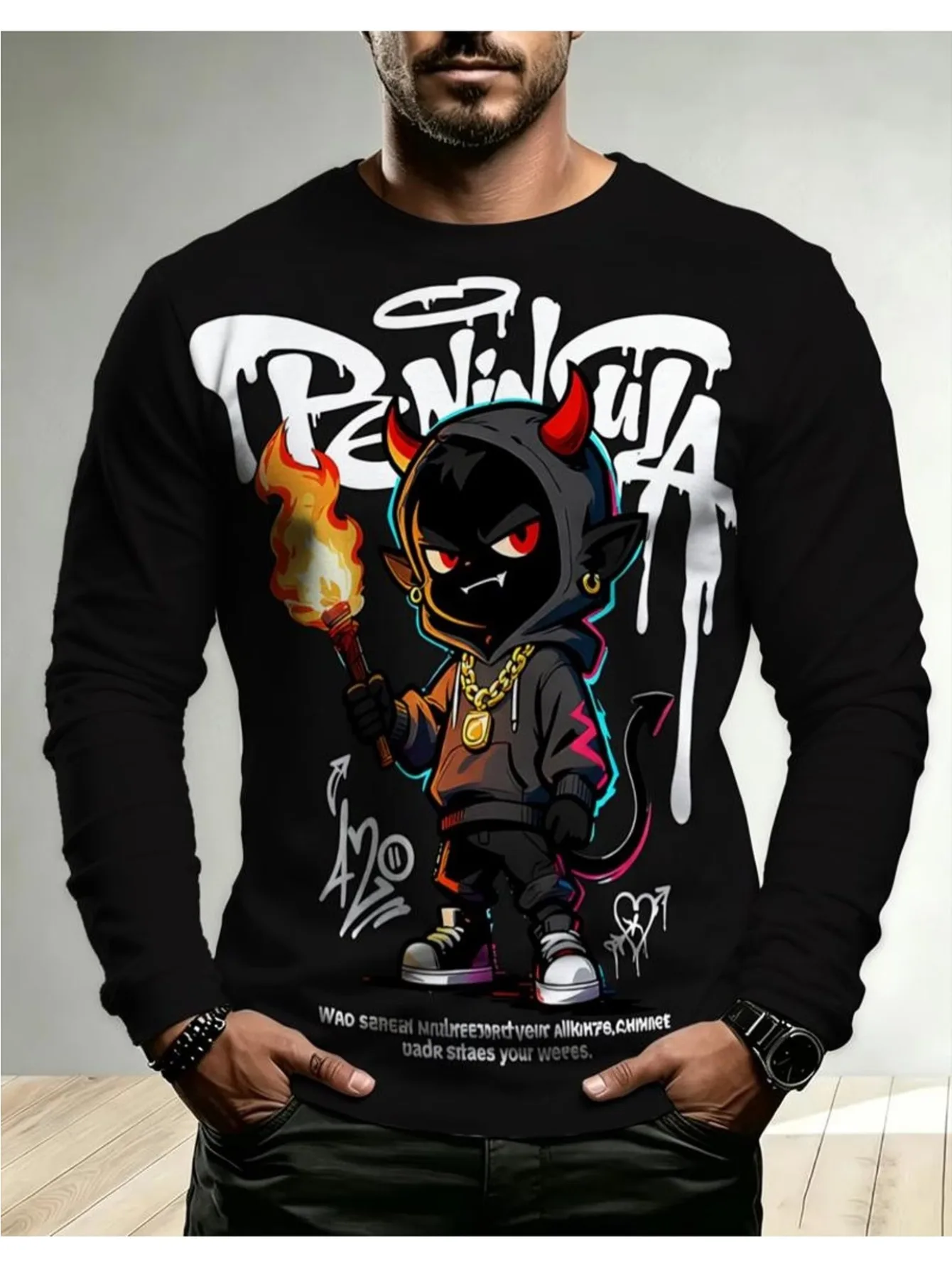 Devil Cartoon Graphic Long Sleeve T-Shirt, Funny Little Demon Torch Streetwear Tee, Casual Hip Hop Goth Print Top for Men Women