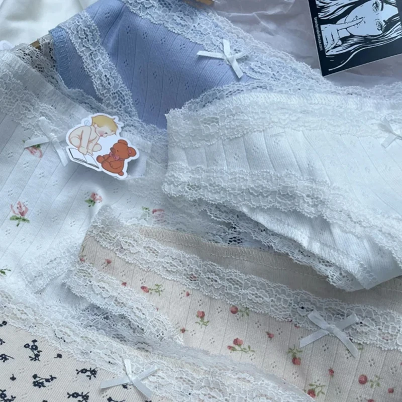 Sweet Floral Print Lace Trim Bow Underpants Women Girls Low Waist Sexy Hollow Out Cotton Soft Panitties Vintage Cute Y2K Panties