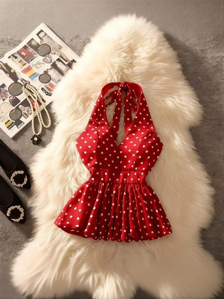 Ärmelloses Polka-Dot Neckholder-Korsett-Top für Damen, Babydoll-Rüschen-Tanktop, Französisch-Elegantes Sommer-Basic-T-Shirt, Rückenfreies Urlaubstop