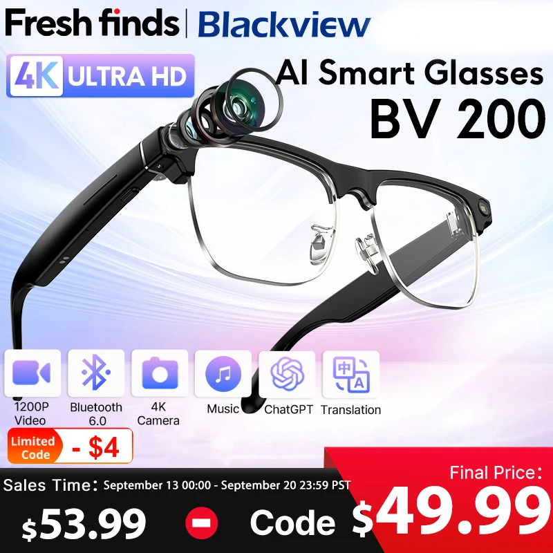 新型Blackview BV200撮影スマートグラス 4KウルトラHDカメラ Bluetooth通話 音声アシスタント AI翻訳 BT 6.0搭載メガネ