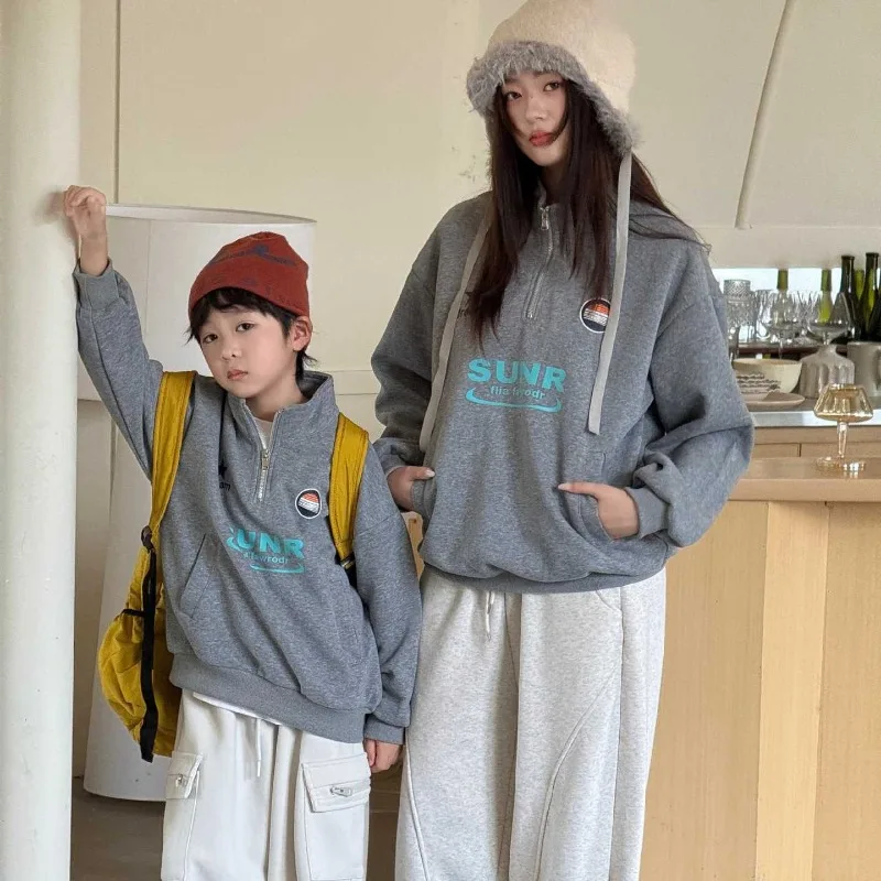 Family Matching Outfits Half Zip Stand Collar Sweatshirt Mom Dad Son Daughter Letter Print Parent‑Child Pullover Autumn Tops