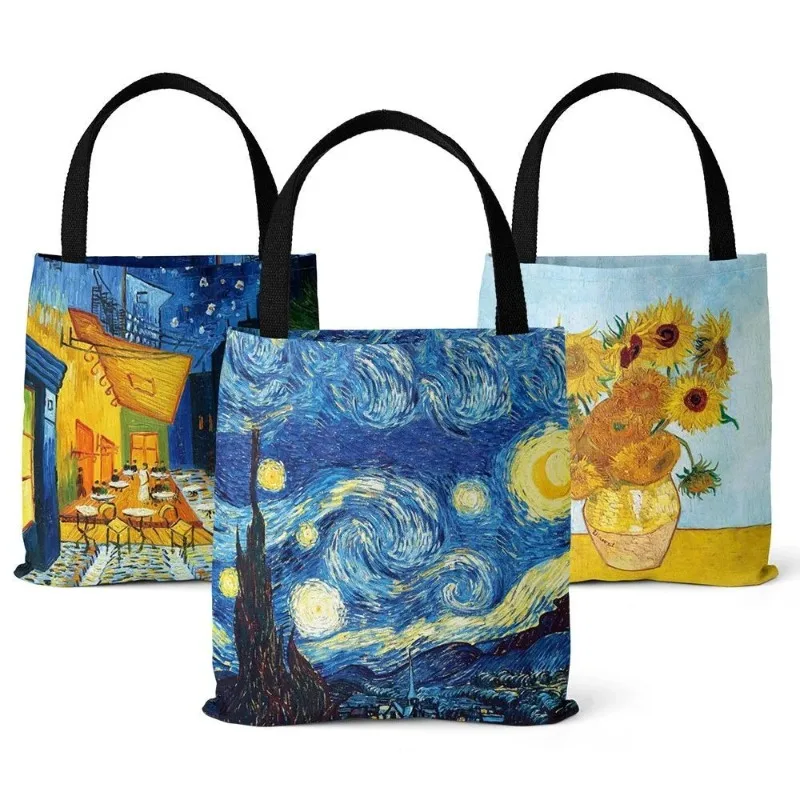

1pcs Fashionable Large Capacity Canvas Bag Oil Painting Starry Night Sunflower Apricot Flower Handbag Lightweight Shoulder Bag