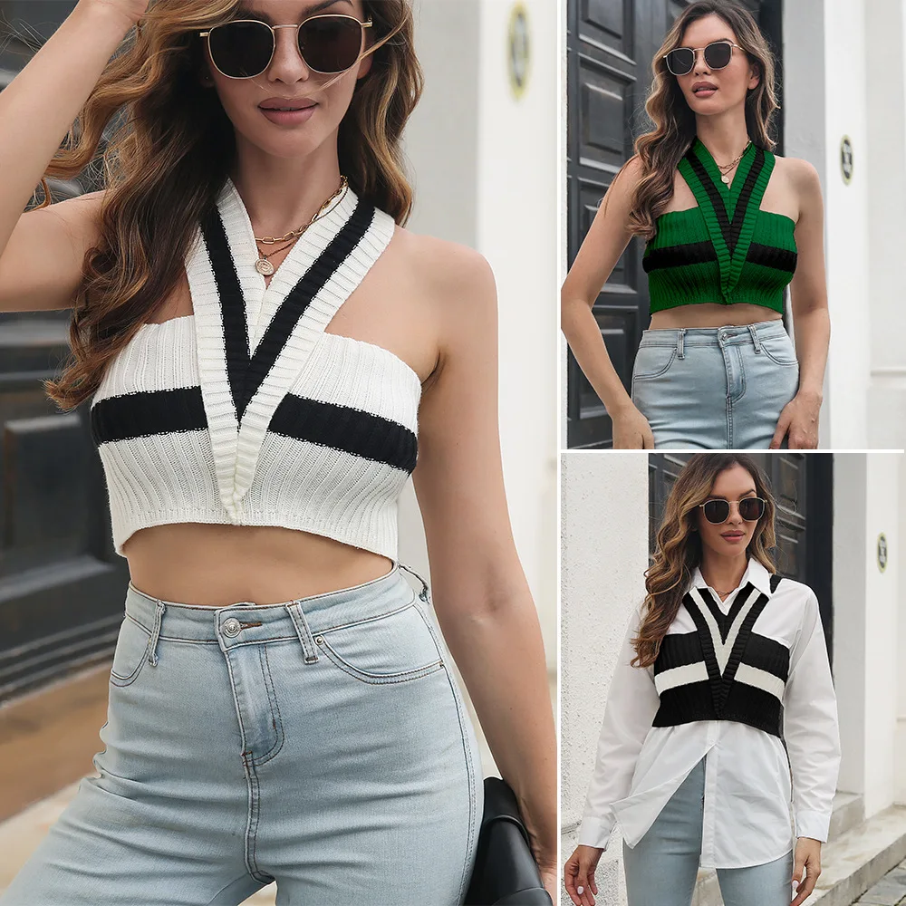 

V-neck striped ultra-short vest sweater women wear outside and wear European and American sweaters and sweaters.