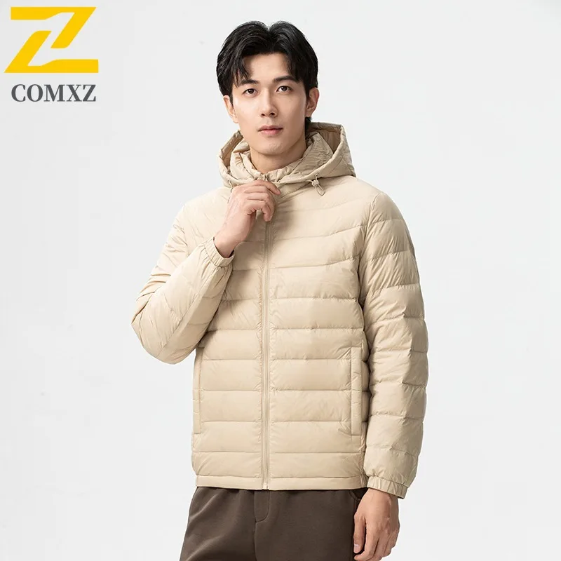 COMXZ Brand Luxury Men Down Coat Hooded Outdoor Working Super Light Parka Leisure Trekking Cozy Windproof Warmth Winter Jacket