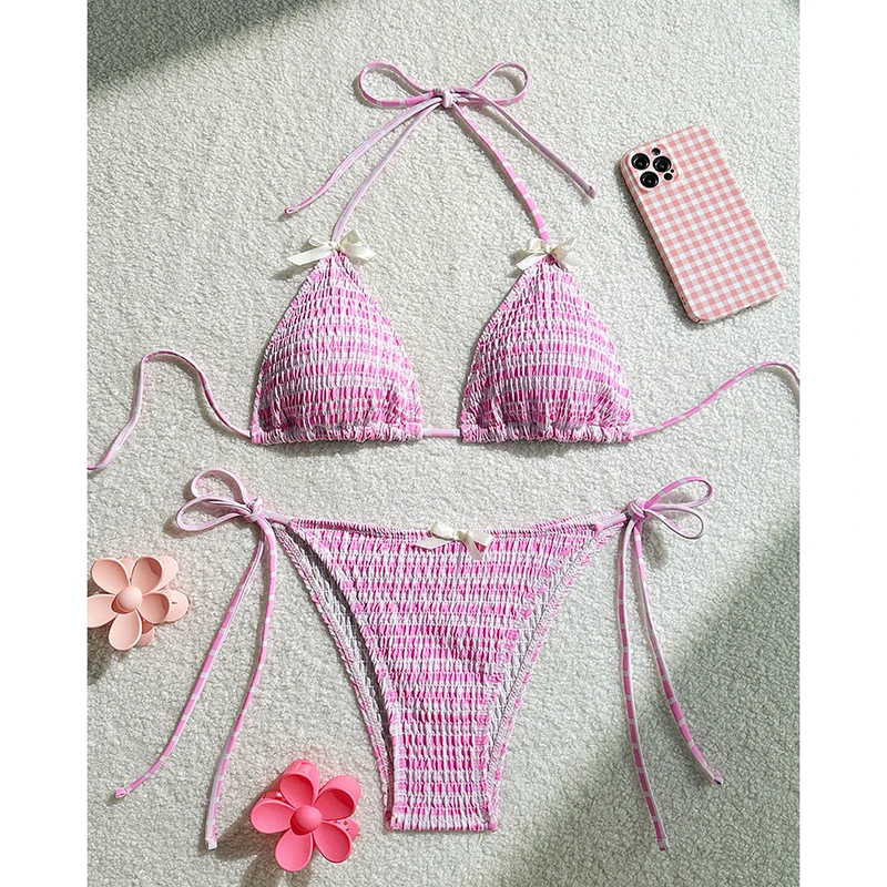 

Stylish Women Sexy Ins Style Tie Triangle Bikini Pink Stripe Swimwear Fashion Beachwear for Summer Beach Vacation