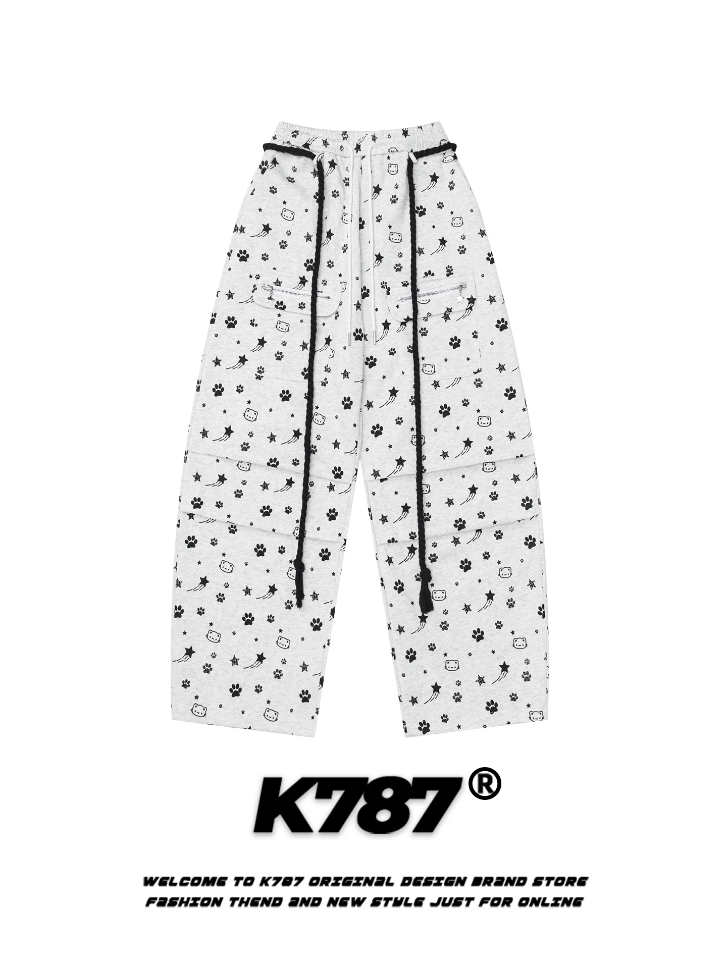 

K787 American Retro Star Dog Paw Tie Casual Pants Women Loose Slim Wide Leg Floor Length Dra Long Trousers Cotton Polyester