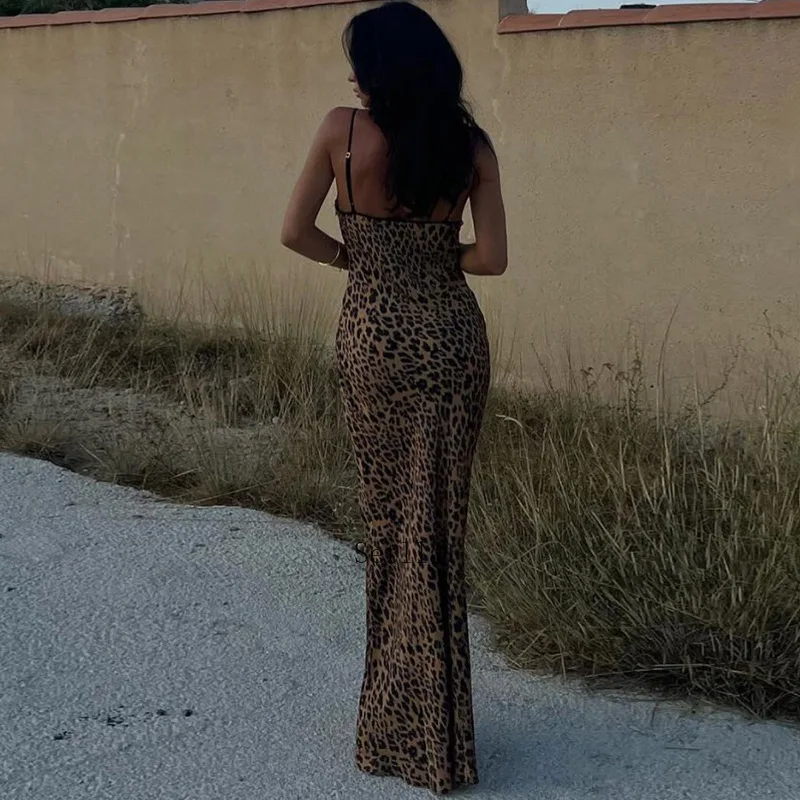 Animal Leopard Print Sexy Slip Tie Front Maxi Dress Elegant Outfits for Women Sleeveless Backless Party Dresses Summer Dress