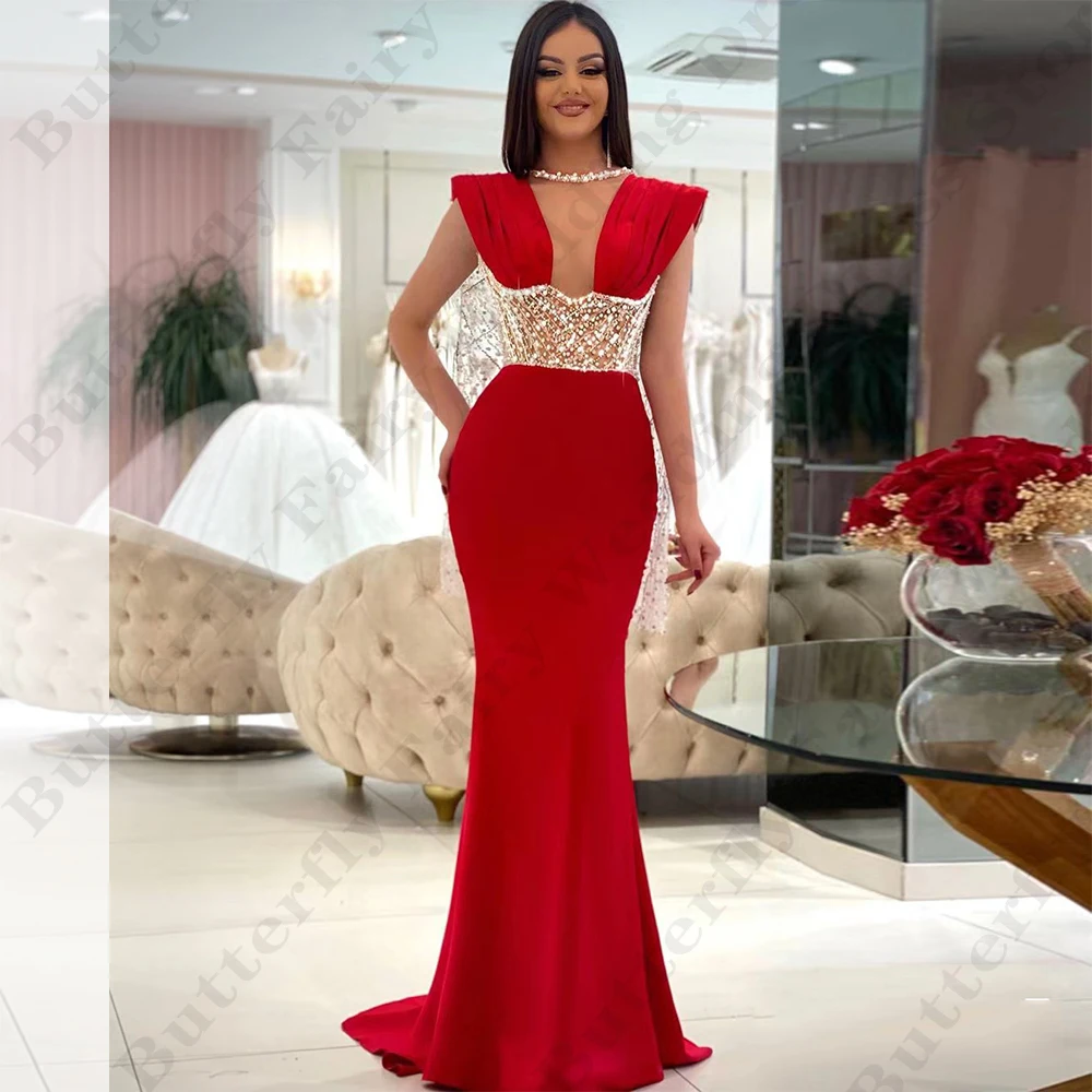 

Luxurious Beading Elegant For Women Fashion Long Red Prom Gowns Robes Mermaid Sexy Deep V-neck Mopping Evening Dresses Party