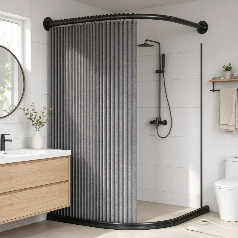 Three-Sided Magnetic Shower Curtain No Drill Invisible Foldable Waterproof Partition Design Curved Rod Modern Home Decor Set