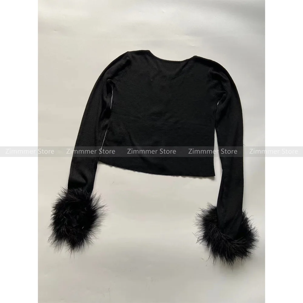 Spring and autumn spicy girl style removable black ostrich hair splicing wool blend ribbed knit short cardigan