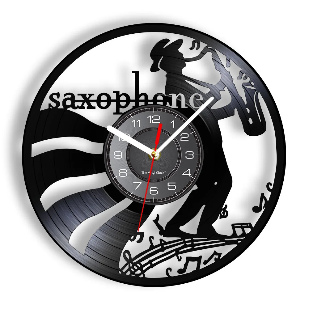 Jazz Saxophone Vinyl Record Wall Clock Musical Instrument LED Wall Art Watch Saxophonist Home Decor Sax Player Musician Gift