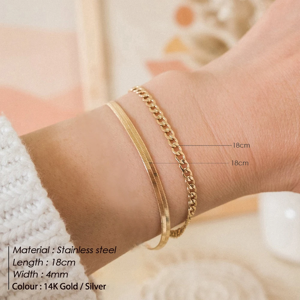 eManco Triple Flat Snake Chain Cuban Chain Bracelet 316 Stainless Steel Gold Plated Ladies Body Fashion Jewelry