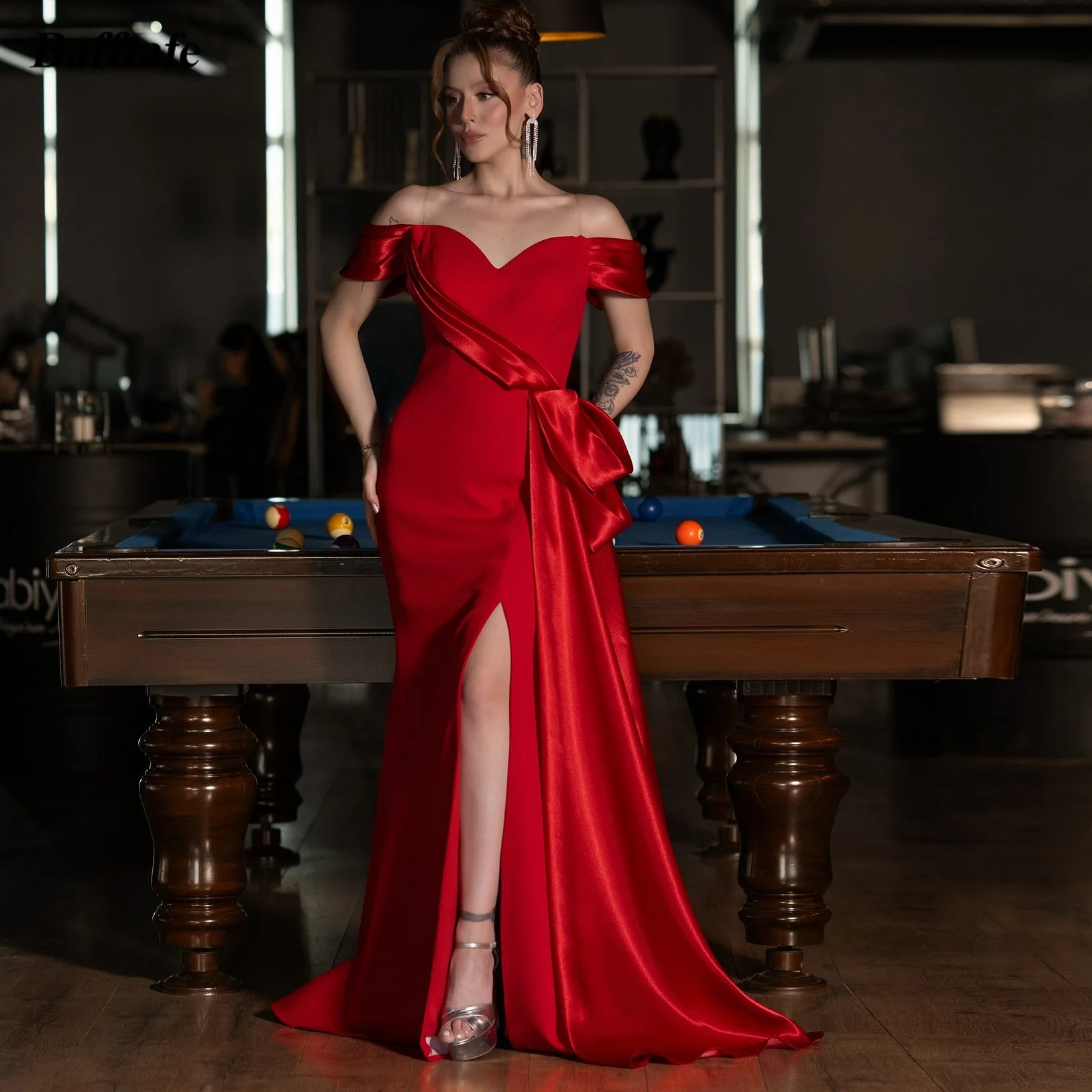 

Bafftafe Mermaid Customized Evening Dresses Red Satin Women Formal Party Bridesmaid Dress Off The Shoulder Slit Leg Prom Gowns