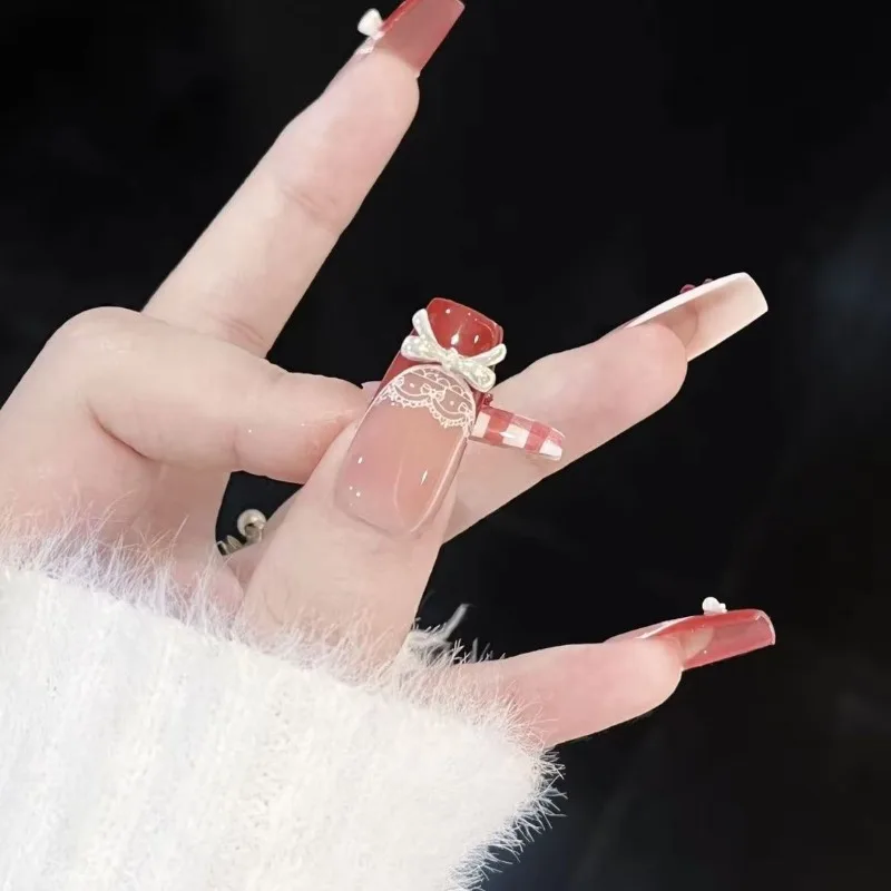 10 Stück Süße Und Niedliche Einfache Lange Handgemachte Nägel Zum Aufdrücken Französische Schleife Spitze Künstliche Nägel Abnehmbar Und Wiederverwendbar