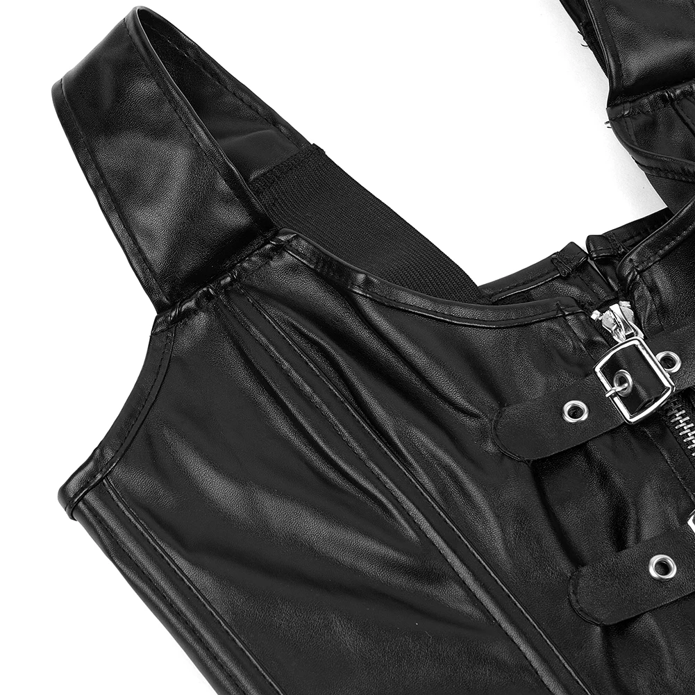 Steampunk Rock Solid Black Faux Leather Buckle Up Plus Size Corset Bustier Top With Zipper