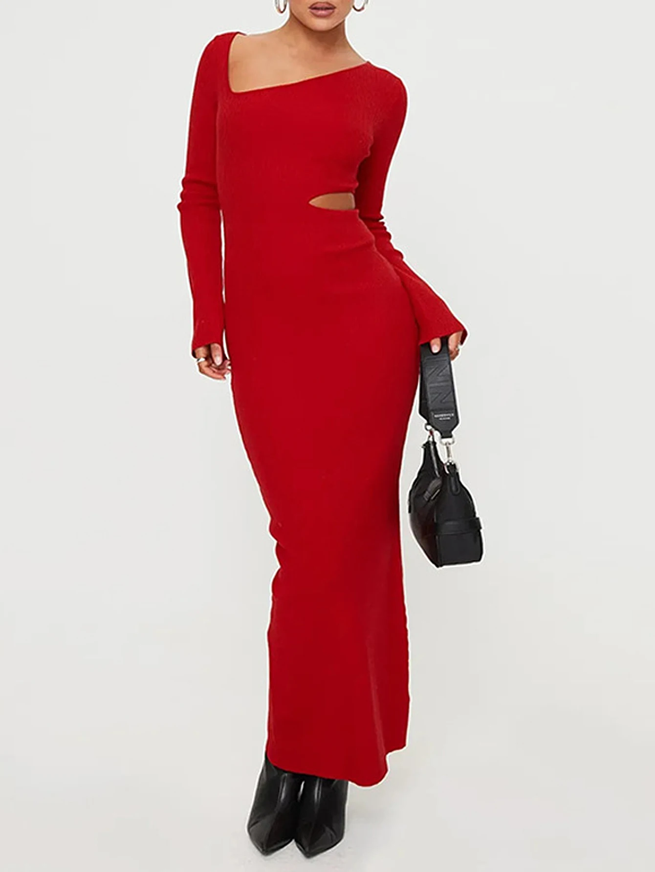 เดรสยาวแขนยาวทรงดินสอสำหรับผู้หญิง สไตล์เรียบหรู ดูเซ็กซี่ เหมาะสำหรับใส่ออกเดท ดีไซน์เว้าแบบไม่สมมาตร แต่งรู  สำหรับฤดูร้อน