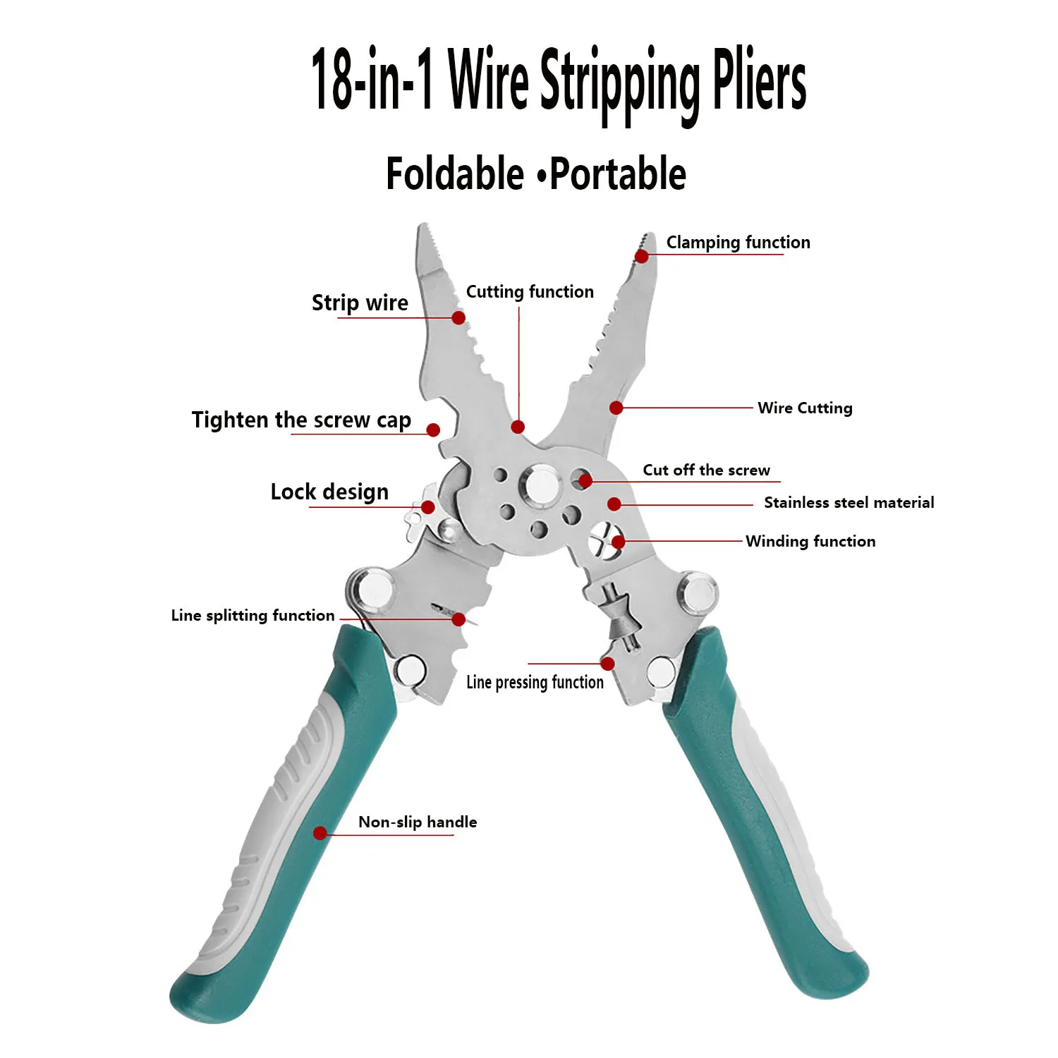 Foldable Wire Stripper, Pulley Design Multi-Function Electrician Wire Splitter Wire Winding Pliers Crimping Pliers Hand Tool