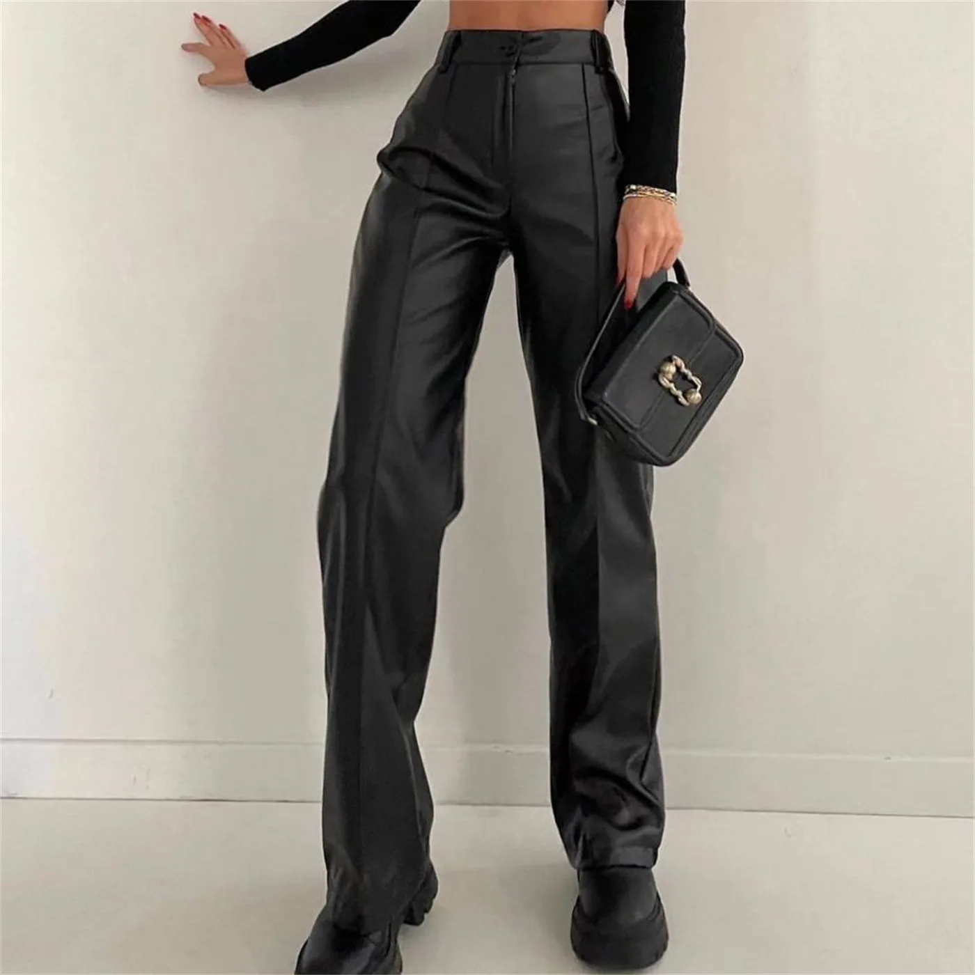 

black baggy leather pants for women high waisted straight straight leg ，PU fashion faux leather pants wide leg pants 2024