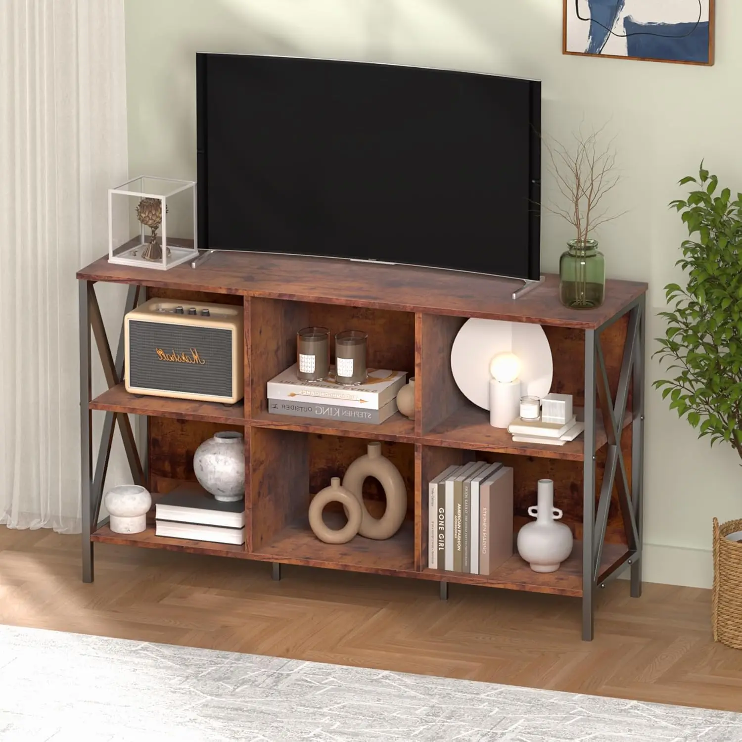 Horizontal Bookshelf Bookcase,Cube Storage Organizer Shelf,Industrial Wide Bookcase with Storage,Low Short Wide Cubby Sh