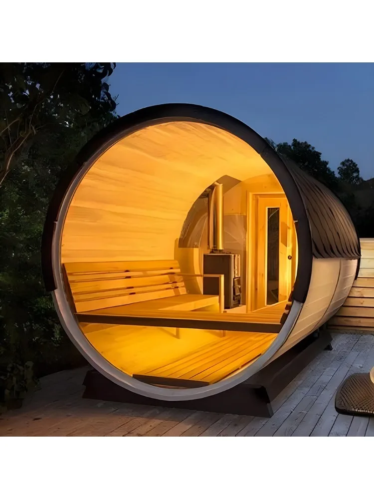 Zewnętrzna, tradycyjna sauna beczkowa dla 6 osób, panoramiczna sauna fińska z czerwonego cedru. — 2